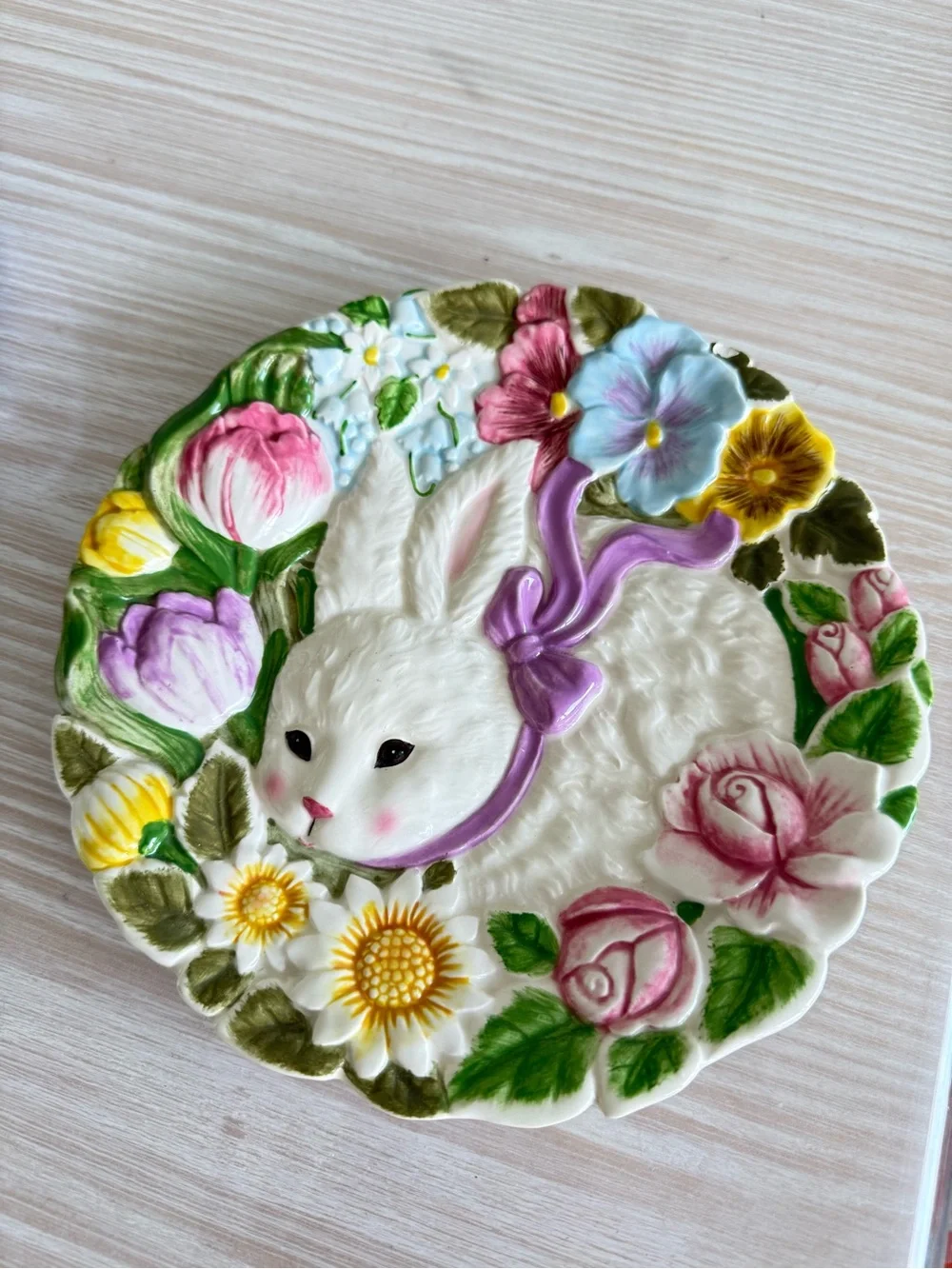 Floral Bunny Ceramic Wall Plaque in White and Pastel